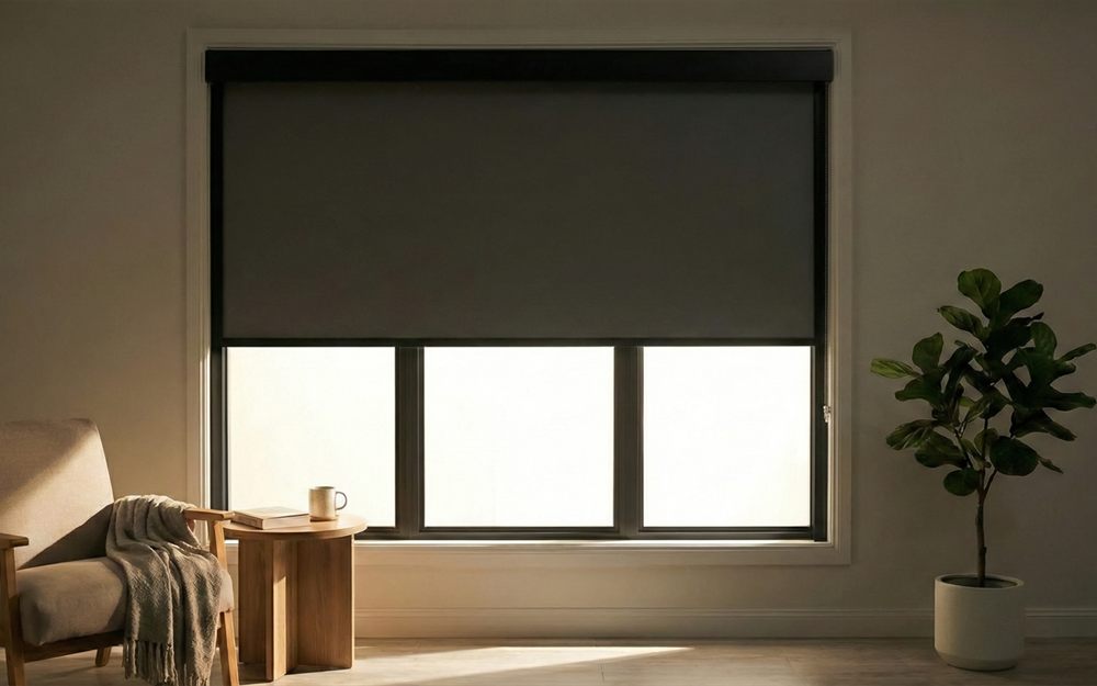 Blockout blind in a cassette headbox running the width of a window