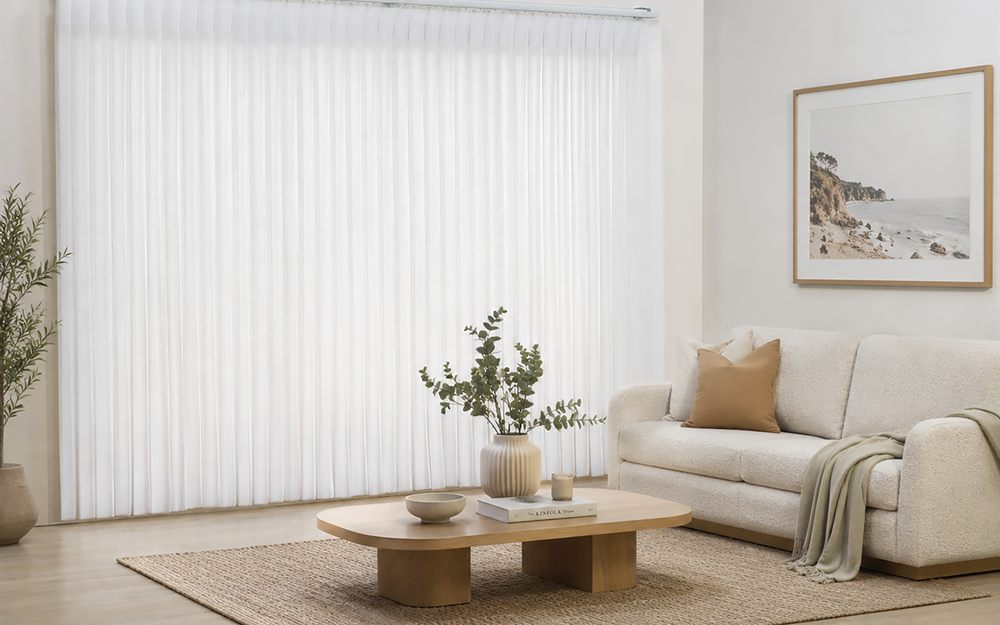 Soft fabric vanes diffusing daylight across a window