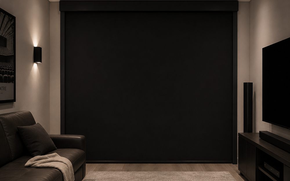 Motorised blockout blind closed across a media room wall, remote on the table