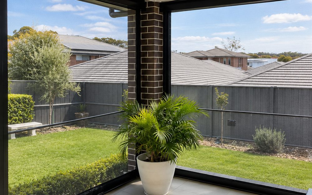 Outdoor mesh blinds lowered around a covered patio