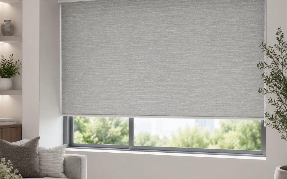 Plain fabric roller blind lowered over a living room window