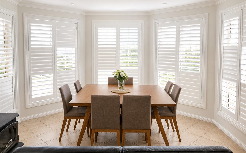 White plantation shutters fitted to a bay window in a dining room
