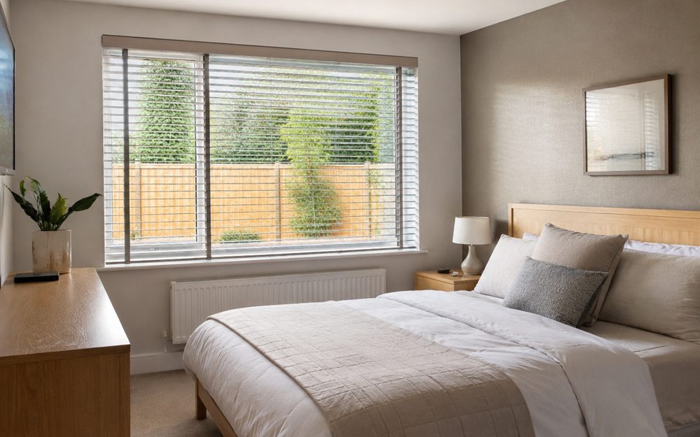 Venetian blinds tilted open across a wide bedroom window